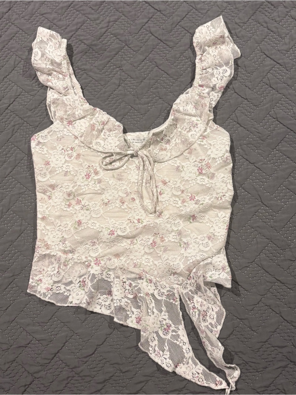 Lace Floral Tie-Front Camisole in Cream with Pink Floral Print